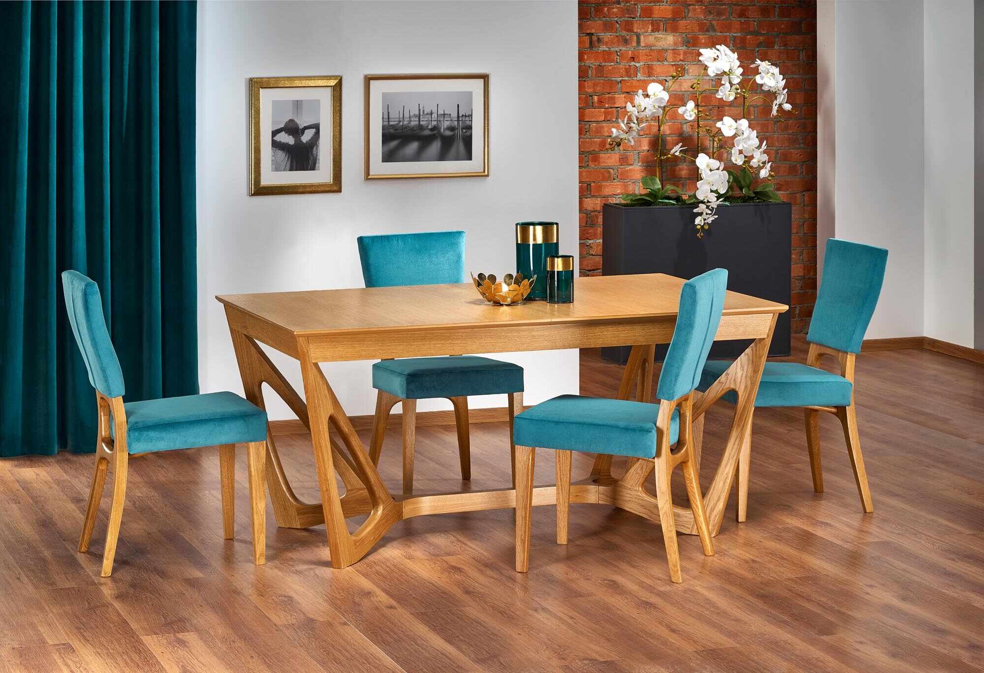 Set masa extensibila din MDF si lemn Wenanty Stejar + 4 scaune tapitate cu stofa Wenanty Turcoaz / Stejar, L160-240xl100xH77 cm