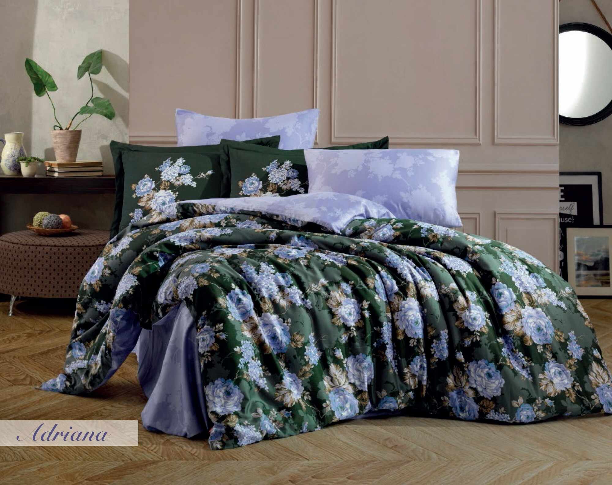 Lenjerie de pat din bumbac Satinat Adriana Verde / Lila, 200 x 220 cm