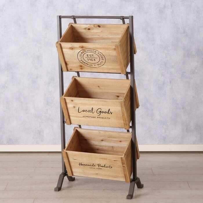 Etajera cu 3 cutii detasabile pentru depozitare din lemn, Gardela Natural / Negru, L55xl31xH120 cm