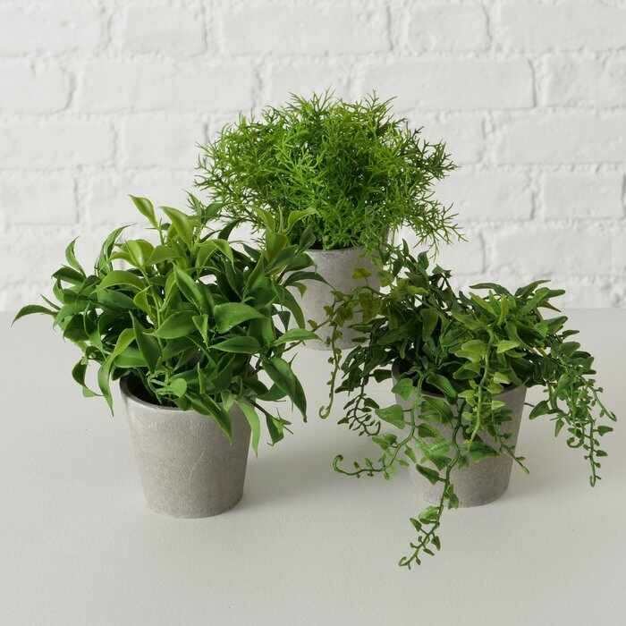 Set 3 plante artificiale in ghiveci Fern Verde / Gri, Modele Asortate, Ø15xH17 cm