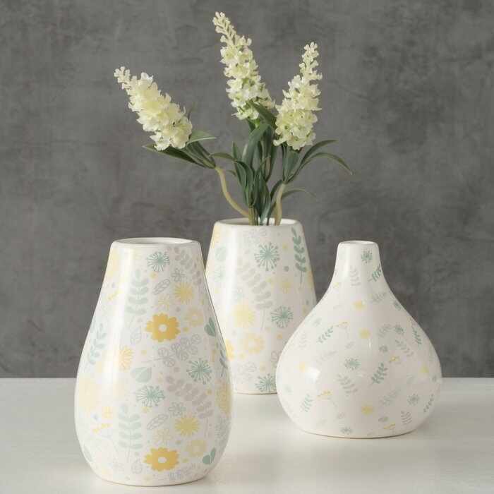 Set 3 vaze decorative din ceramica, Lenga Alb / Multicolor, Modele Asortate, Ø8xH14 cm