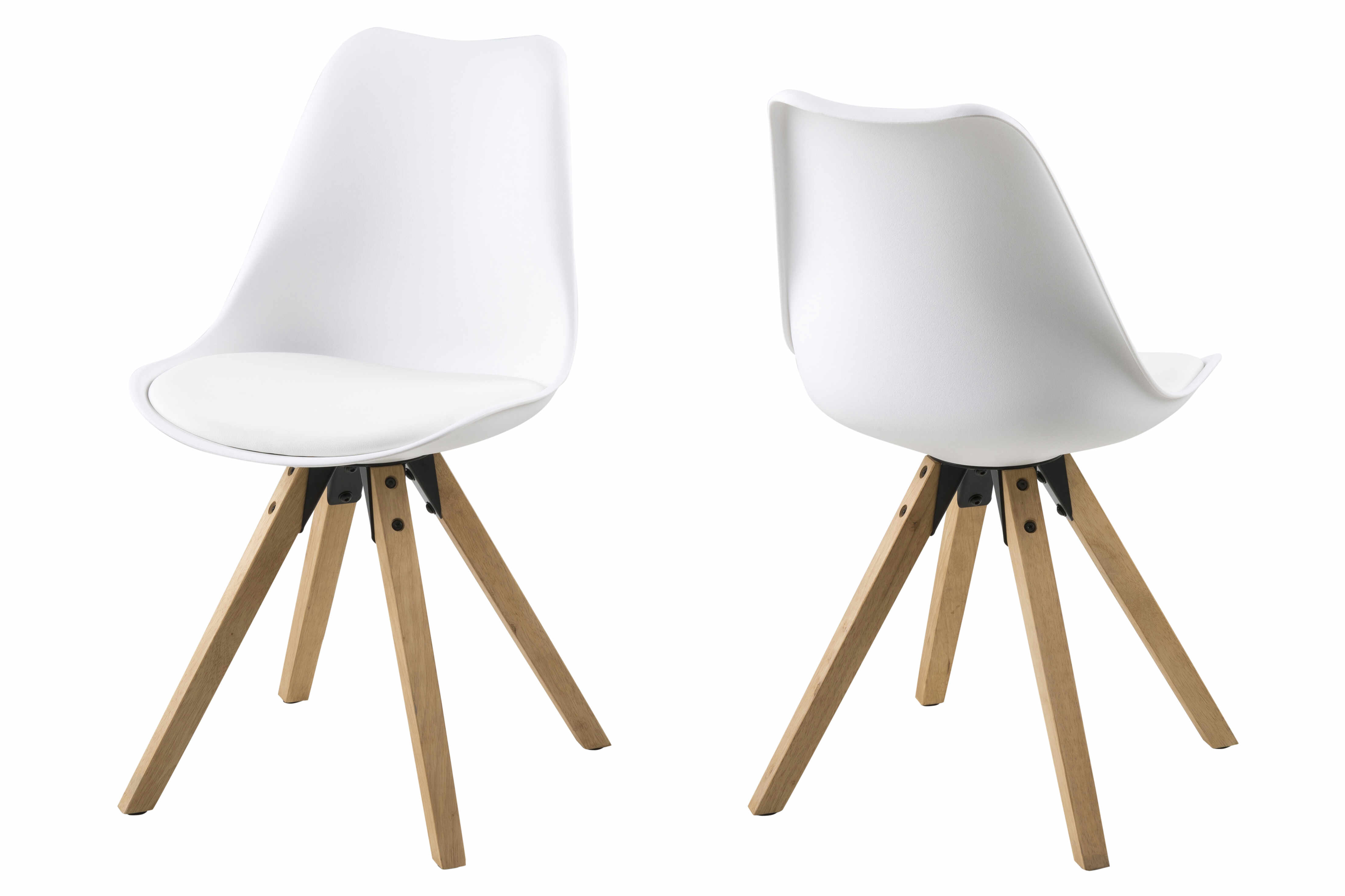 Set 2 scaune din plastic, sezut tapitat cu piele ecologica si picioare din lemn de cauciuc Dima Alb / Stejar, l48,5xA55xH85 cm
