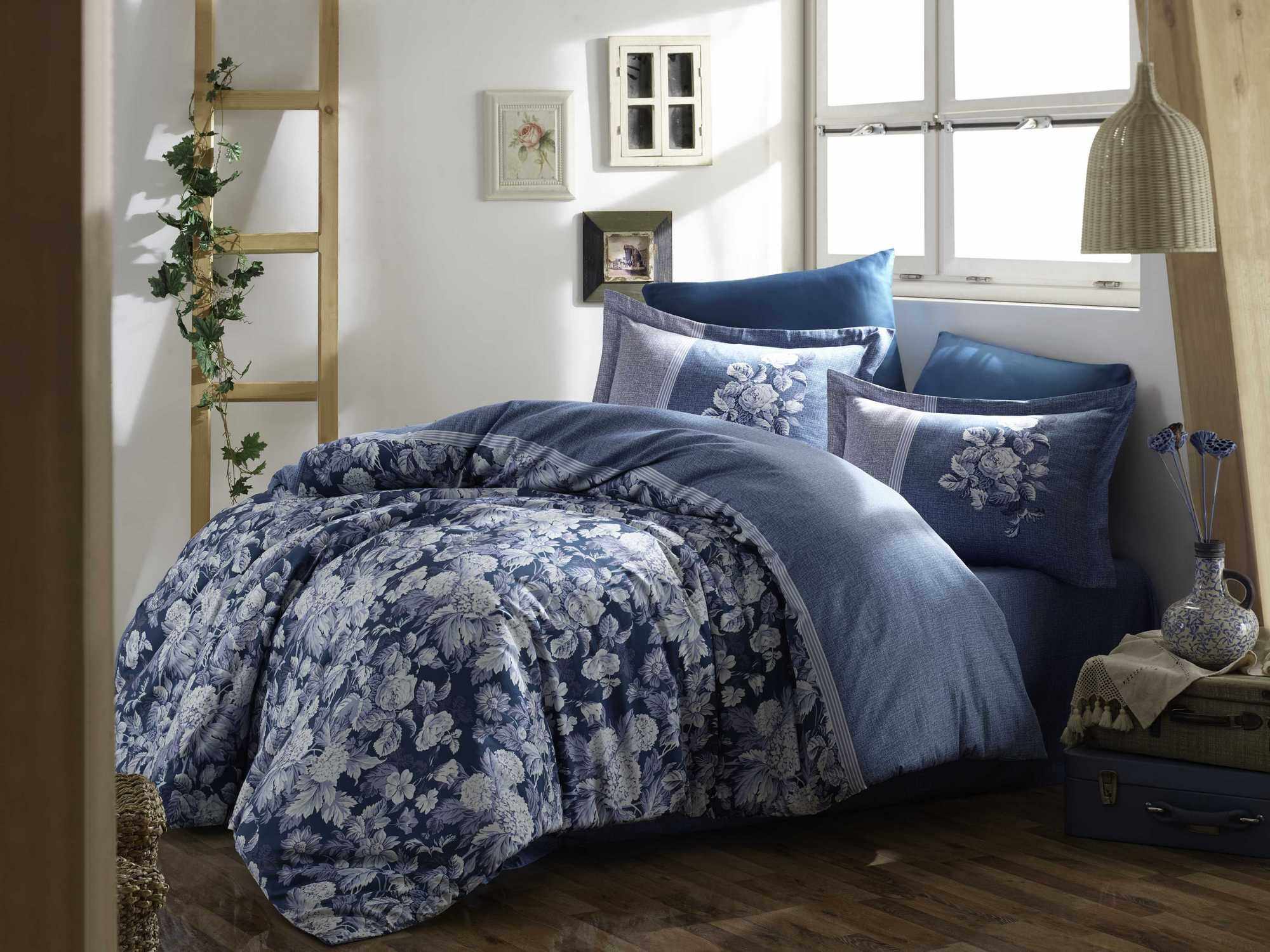 Lenjerie de pat din bumbac Satinat Amalia Albastru inchis, 200 x 220 cm