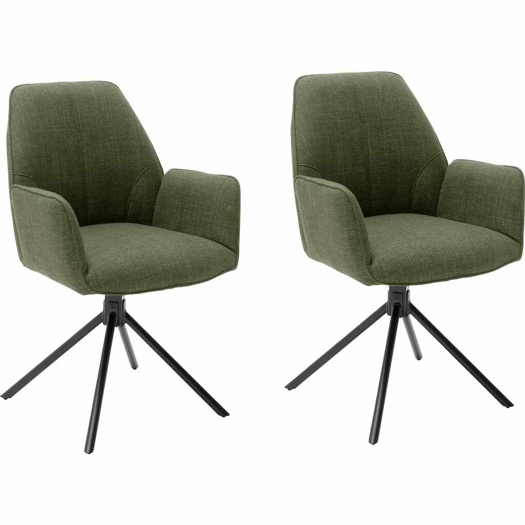Set 2 scaune rotative tapitate cu stofa si picioare metalice, Pemba Plus Verde Olive / Negru, l59xA63x88 cm