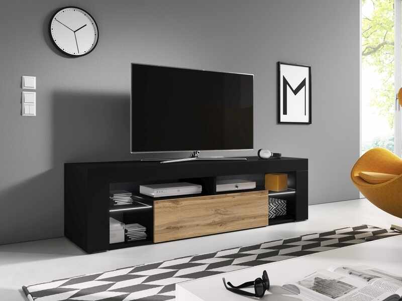 Comoda TV din pal, cu 1 usa si LED inclus, Born Negru / Stejar Wotan, l140,2xA35xH50,6 cm