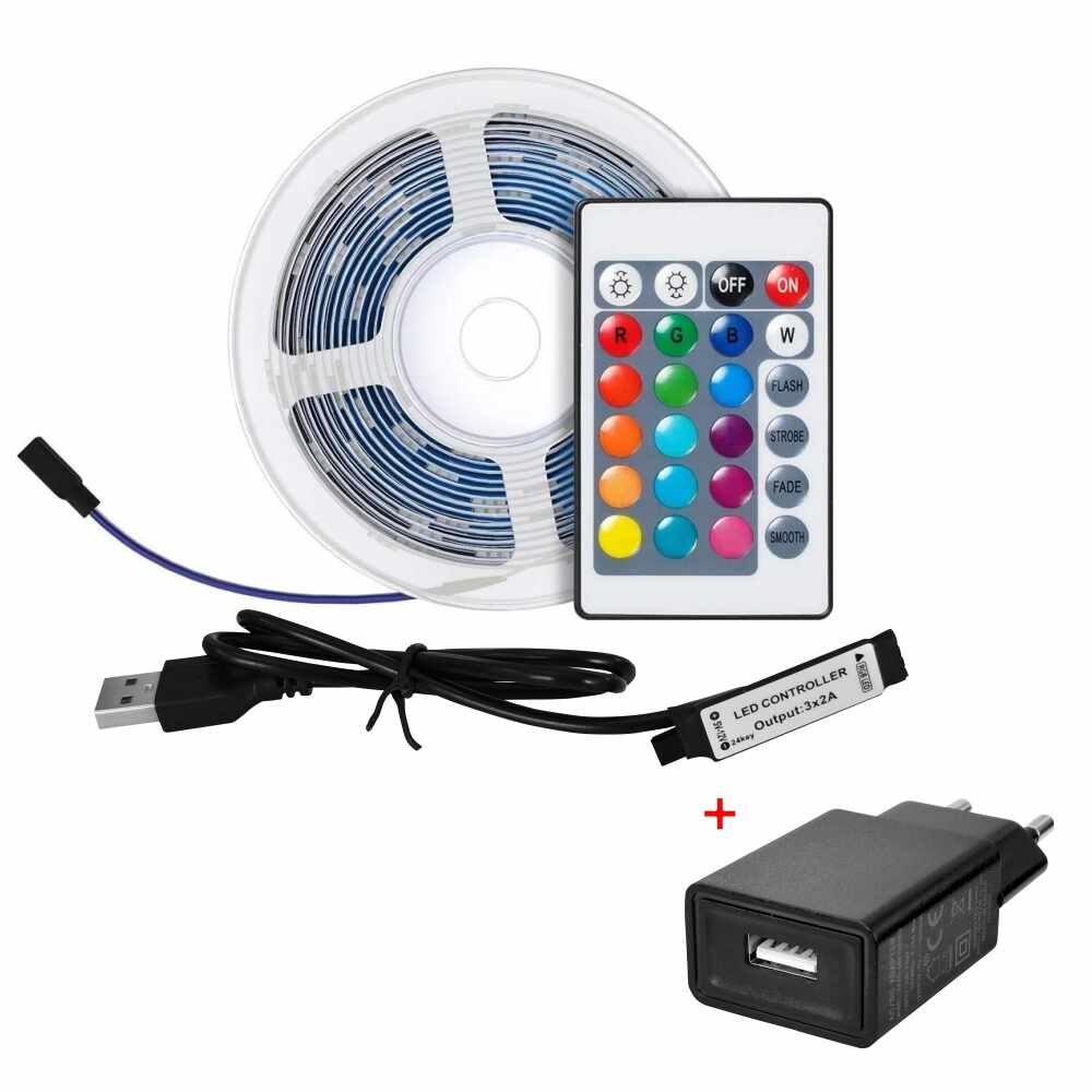 Pachet banda LED BroadLink + Adaptor, Lungime 3m, Aplicatie, Control vocal, Telecomanda
