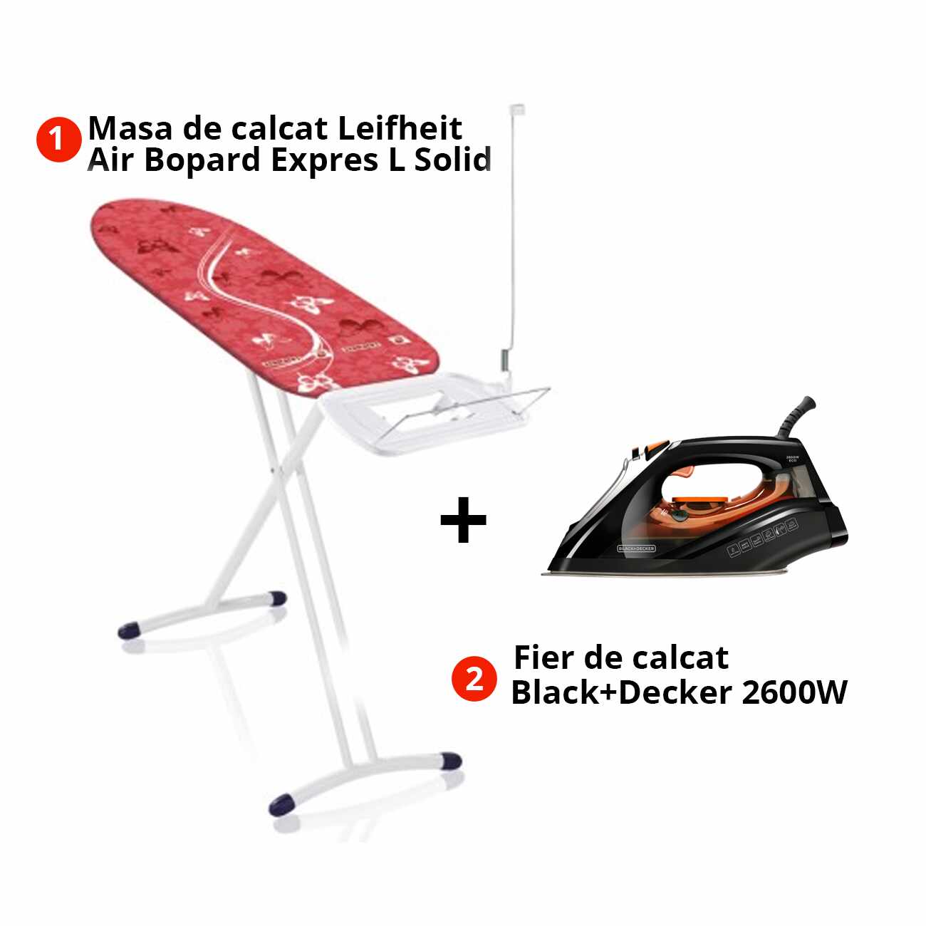 Pachet Masa de calcat Leifheit Air Board Express L Solid 130x38 cm + Fier de calcat negru Black+Decker 2600 W
