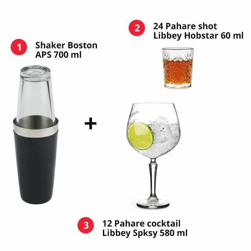 Pachet Shaker Boston APS 700 ml + 12 Pahare cocktail Libbey Spksy 580 ml + 24 Pahare shot Libbey Hobstar 60 ml