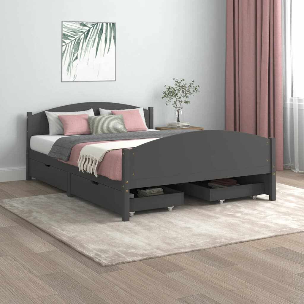 vidaXL Cadru pat cu 4 sertare, gri închis, 160x200 cm, lemn masiv pin