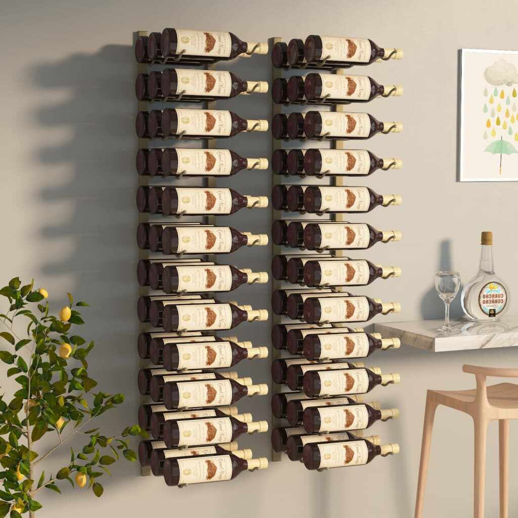 vidaXL Suport sticle vin montat pe perete,2 buc.,36 sticle,auriu, fier