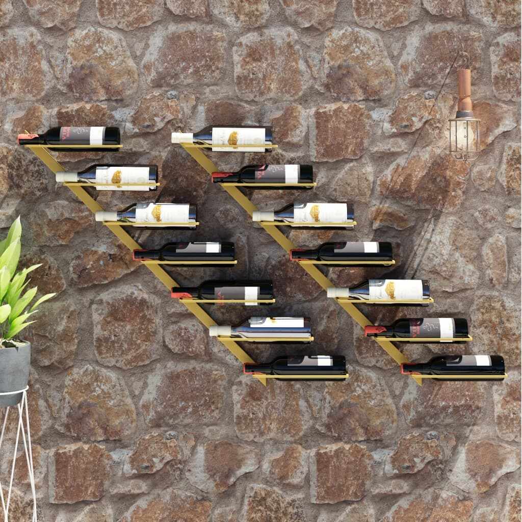 vidaXL Suport sticle vin montat pe perete,2 buc.,7 sticle,auriu, metal