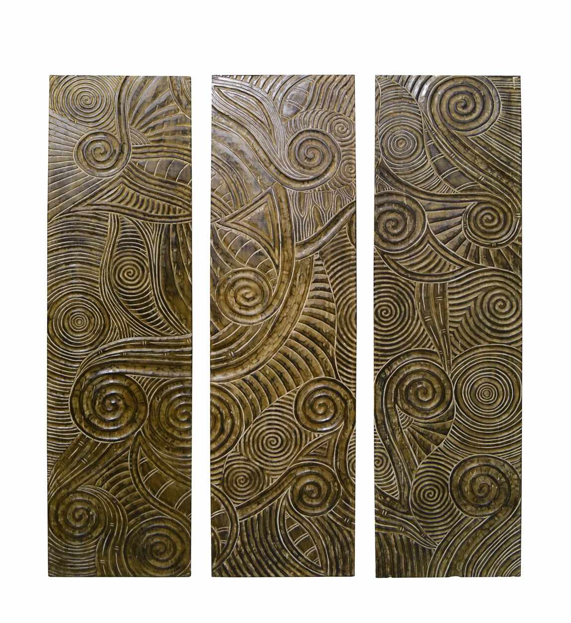Decoratiune de perete, din lemn de tec, 3 piese, Large Carved Natural, 150 x 180 cm