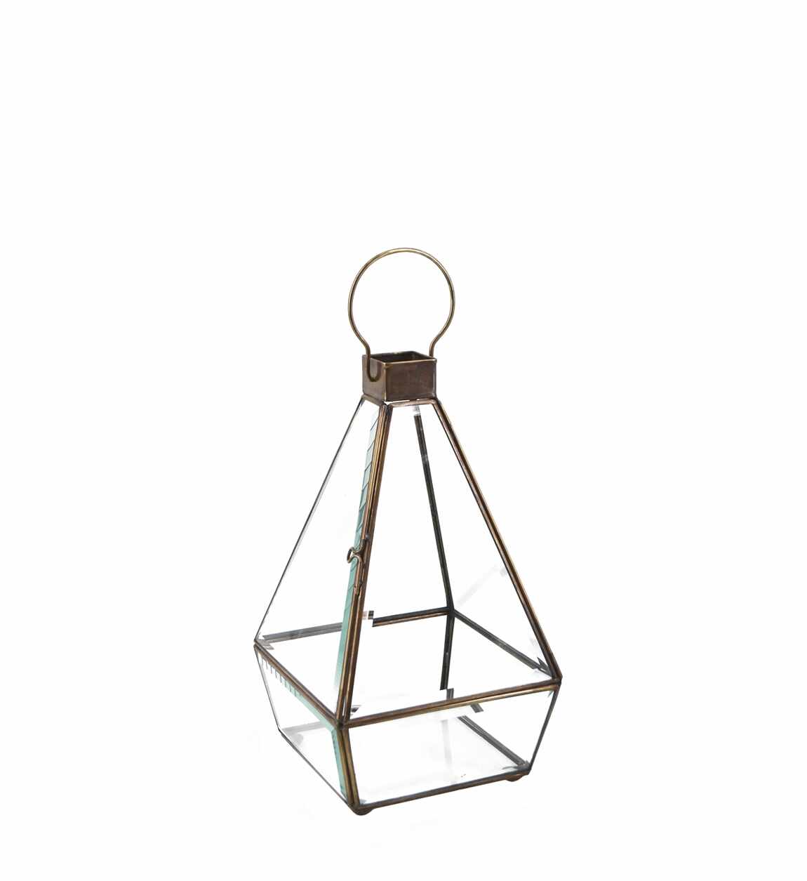 Felinar decorativ din sticla si metal, Pyramid Bezel Small Transparent / Alama, L13xl13xH22 cm