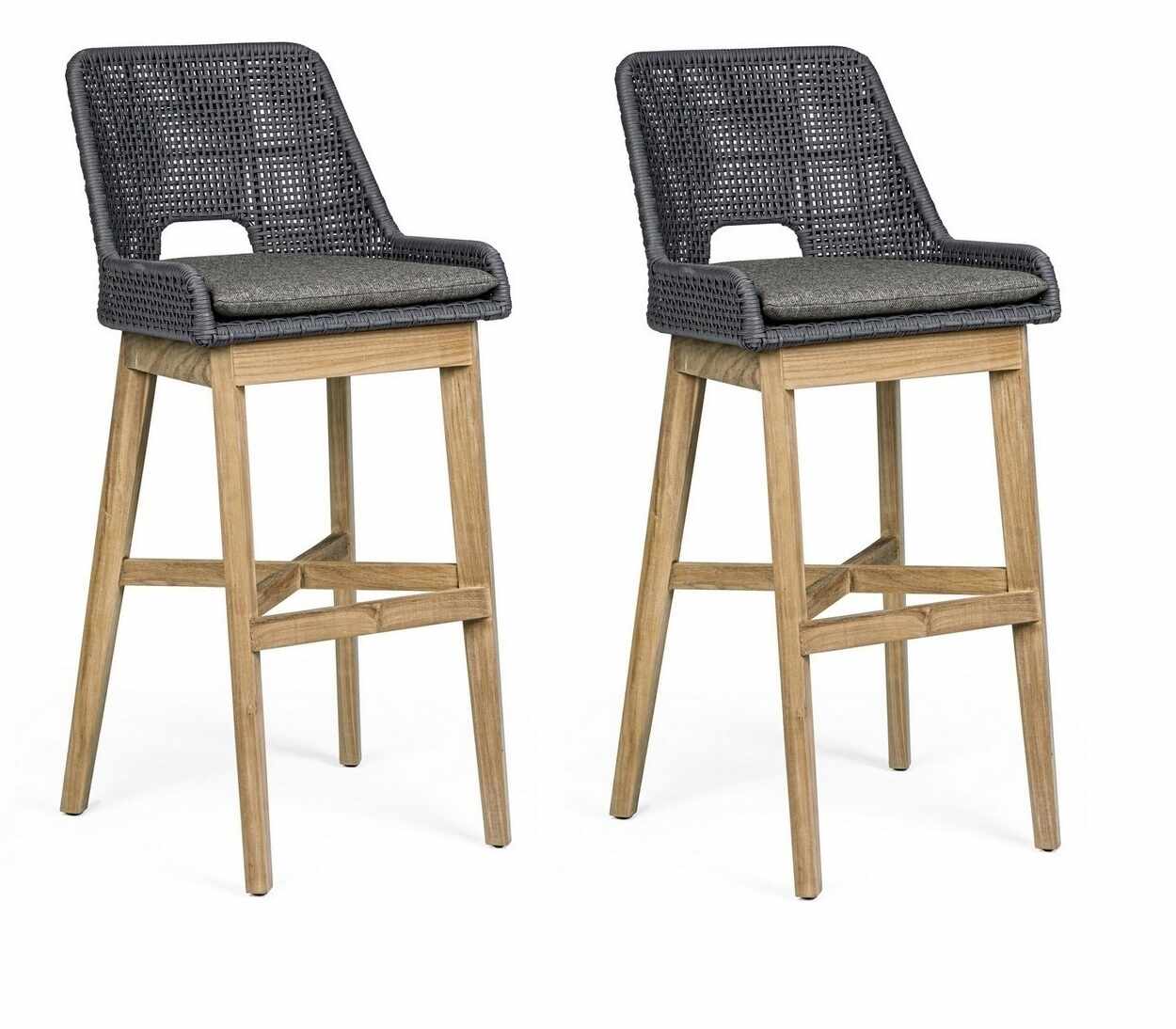 Set 2 scaune de bar pentru terasa, din material textil si lemn de tec, Hesperia Gri / Natural, l49xA57xH112 cm