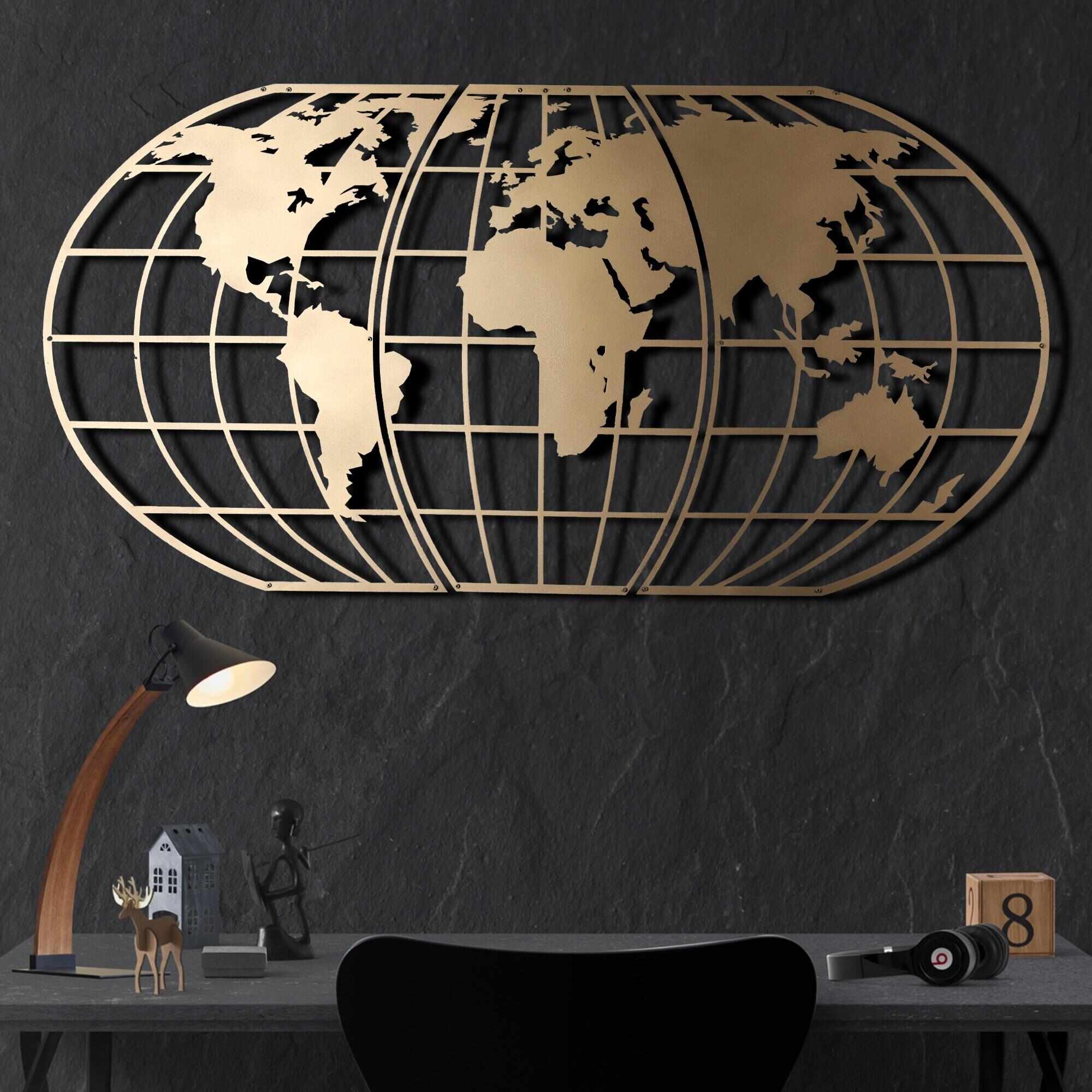 Decoratiune de perete din metal, World Map Glob Auriu, l120xA2xH60 cm