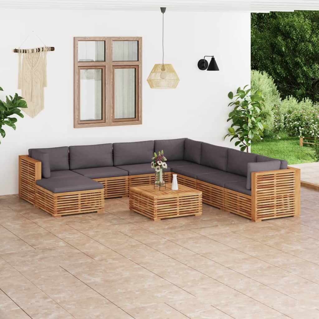 vidaXL Set mobilier grădină cu perne gri închis 9 piese lemn masiv tec