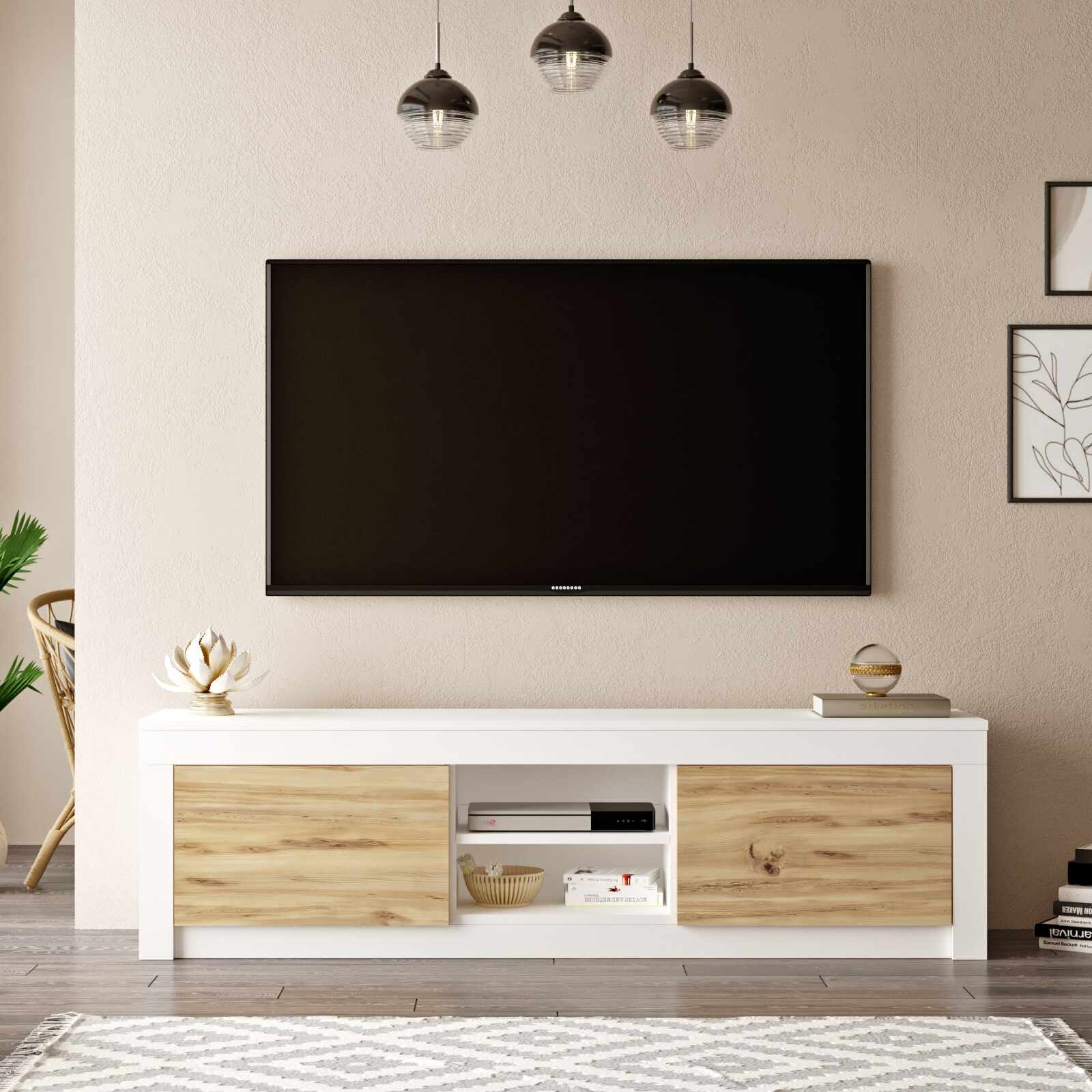 Comoda TV din pal, cu 2 usi, Luvio LV12-WK Alb / Stejar, l160xA35,3xH45 cm