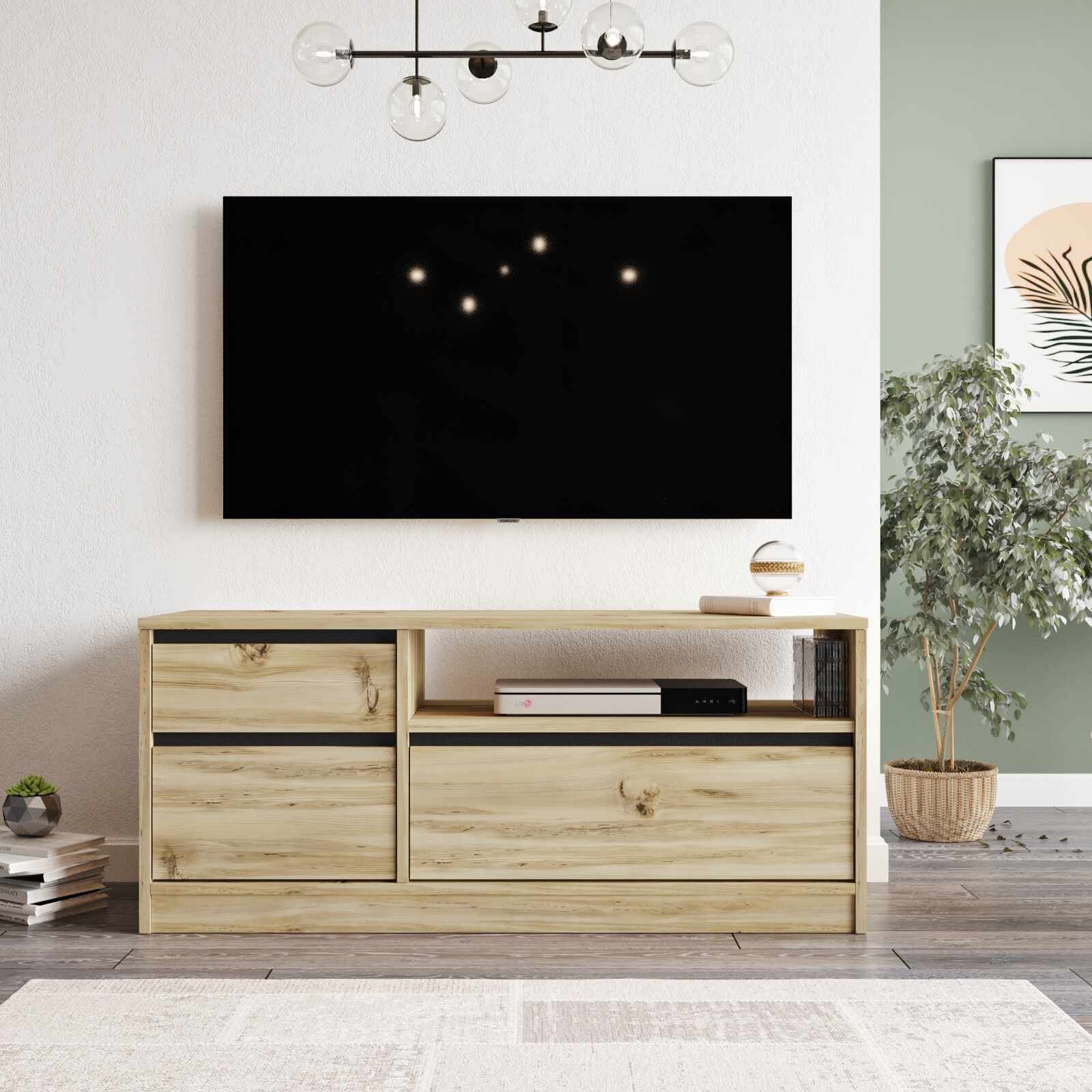 Comoda TV din pal, cu 3 usi, Luvio LV7-KL Stejar / Negru, l119,6xA39,8xH51,8 cm