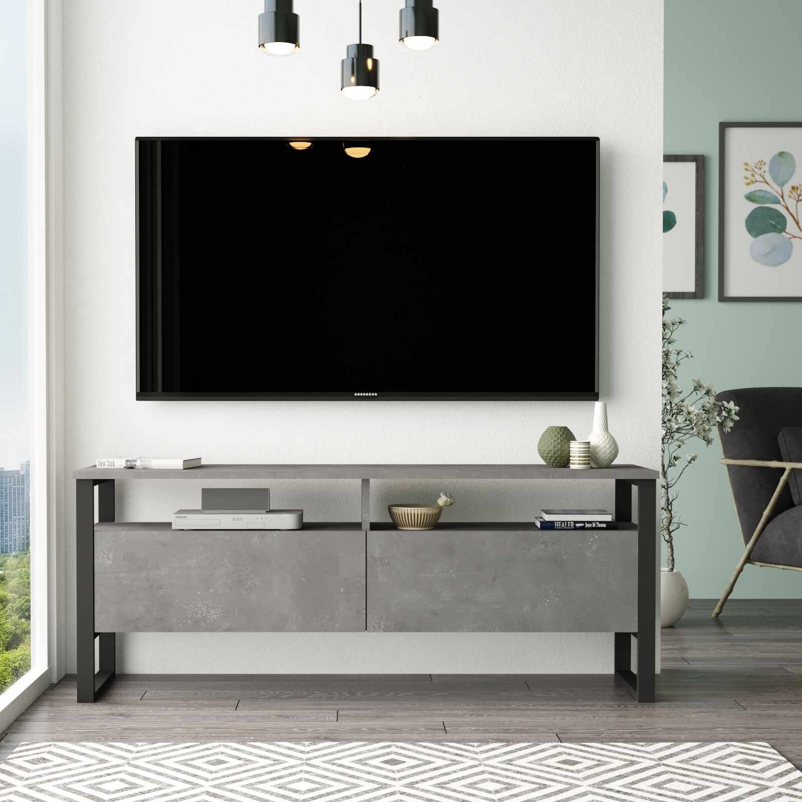 Comoda TV din pal si metal, cu 2 usi, Luvio LV11-RG Gri / Negru, l140xA35,5xH55,8 cm