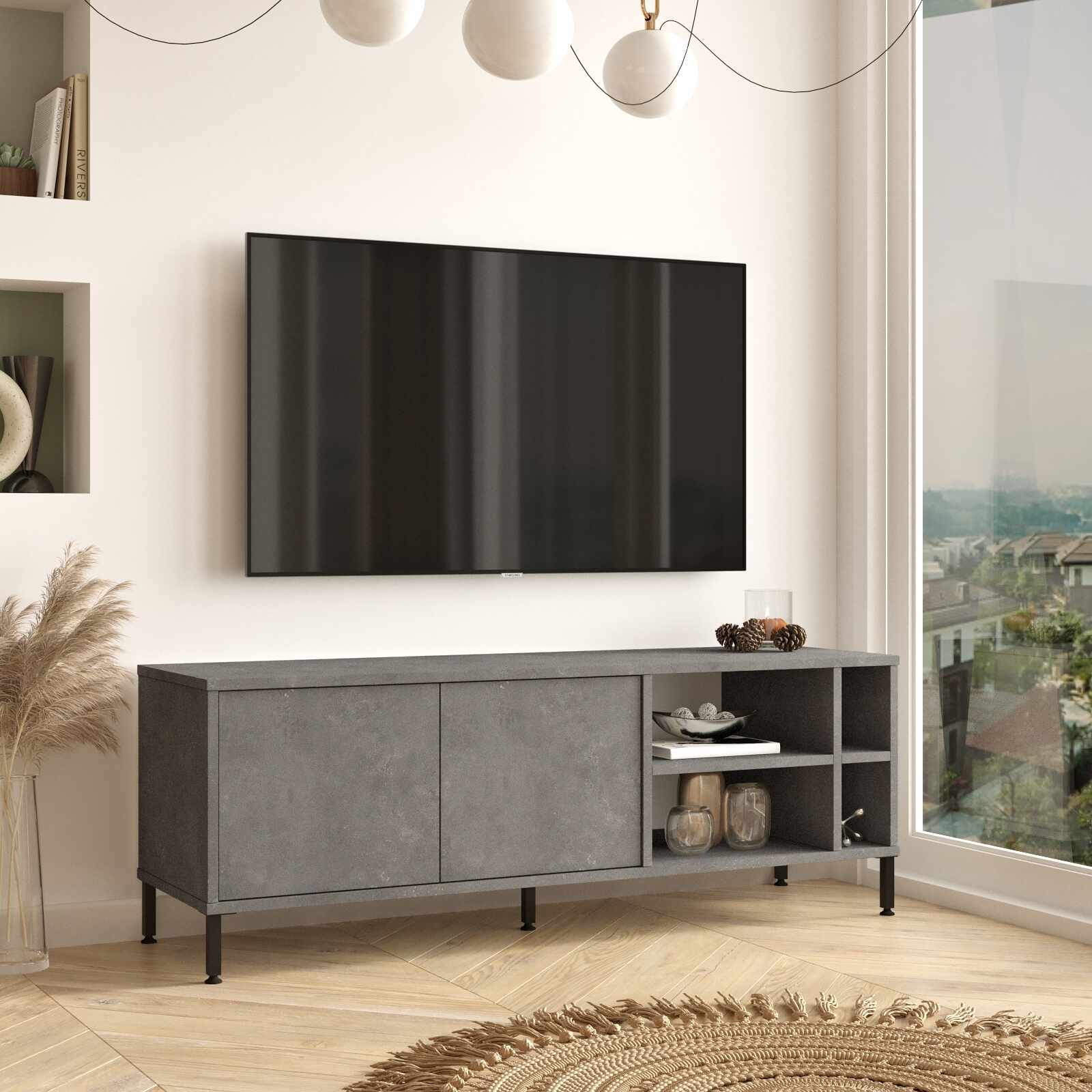 Comoda TV din pal si metal, cu 2 usi, Luvio LV8-RG Gri / Negru, l140xA40xH48,9 cm