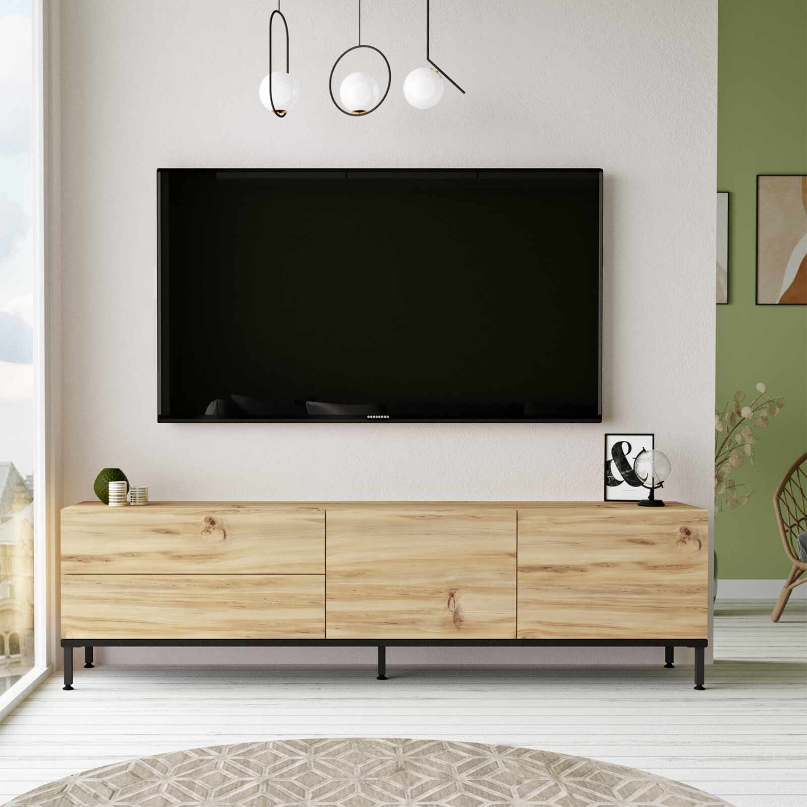 Comoda TV din pal si metal, cu 4 usi, Luvio LV6-KL Stejar / Negru, l170,3xA35,3xH46,5 cm