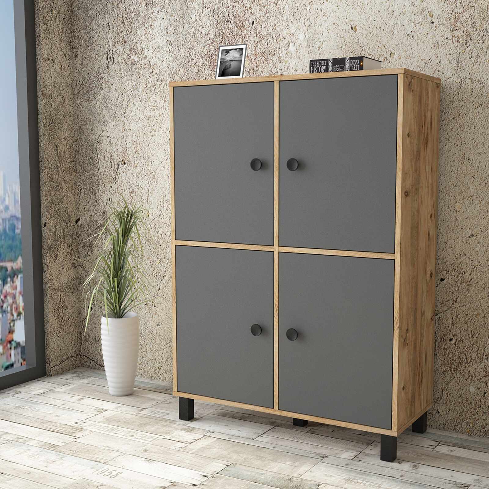 Cabinet din pal si lemn, cu 4 usi Vilamo VL45-228 Large Antracit / Natural, l96xA40xH135,4 cm