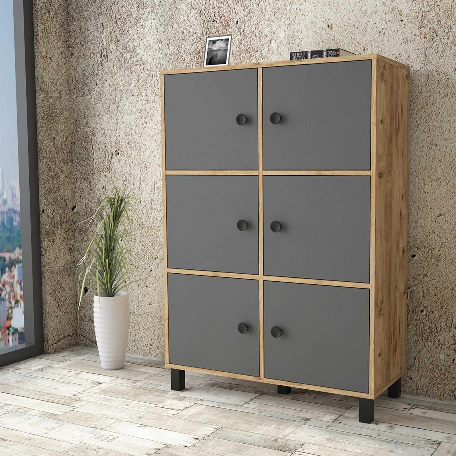 Cabinet din pal si lemn, cu 6 usi Vilamo VL48-228 Large Antracit / Natural, l96xA40xH137,5 cm