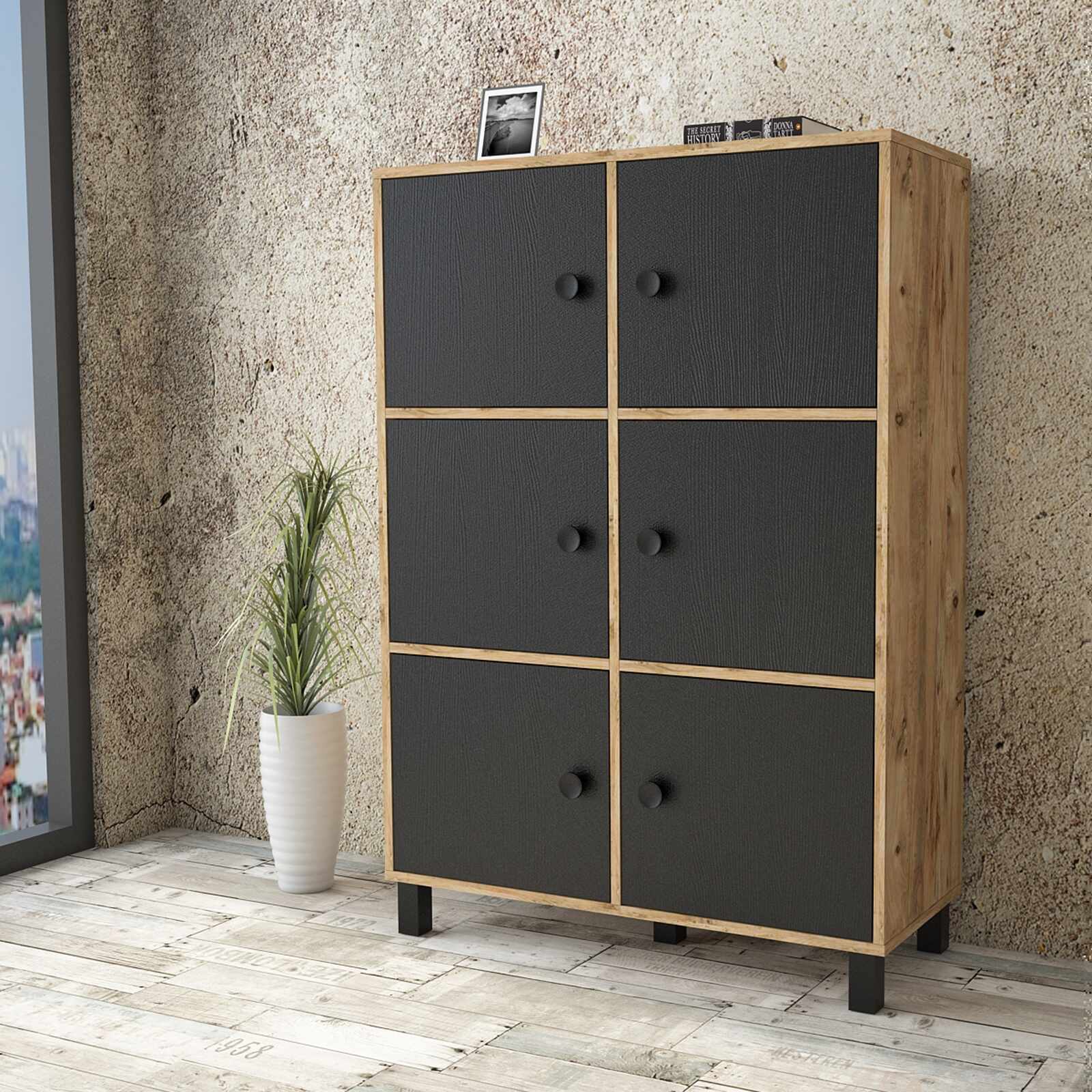 Cabinet din pal si lemn, cu 6 usi Vilamo VL48-238 Large Negru / Natural, l96xA40xH137,5 cm