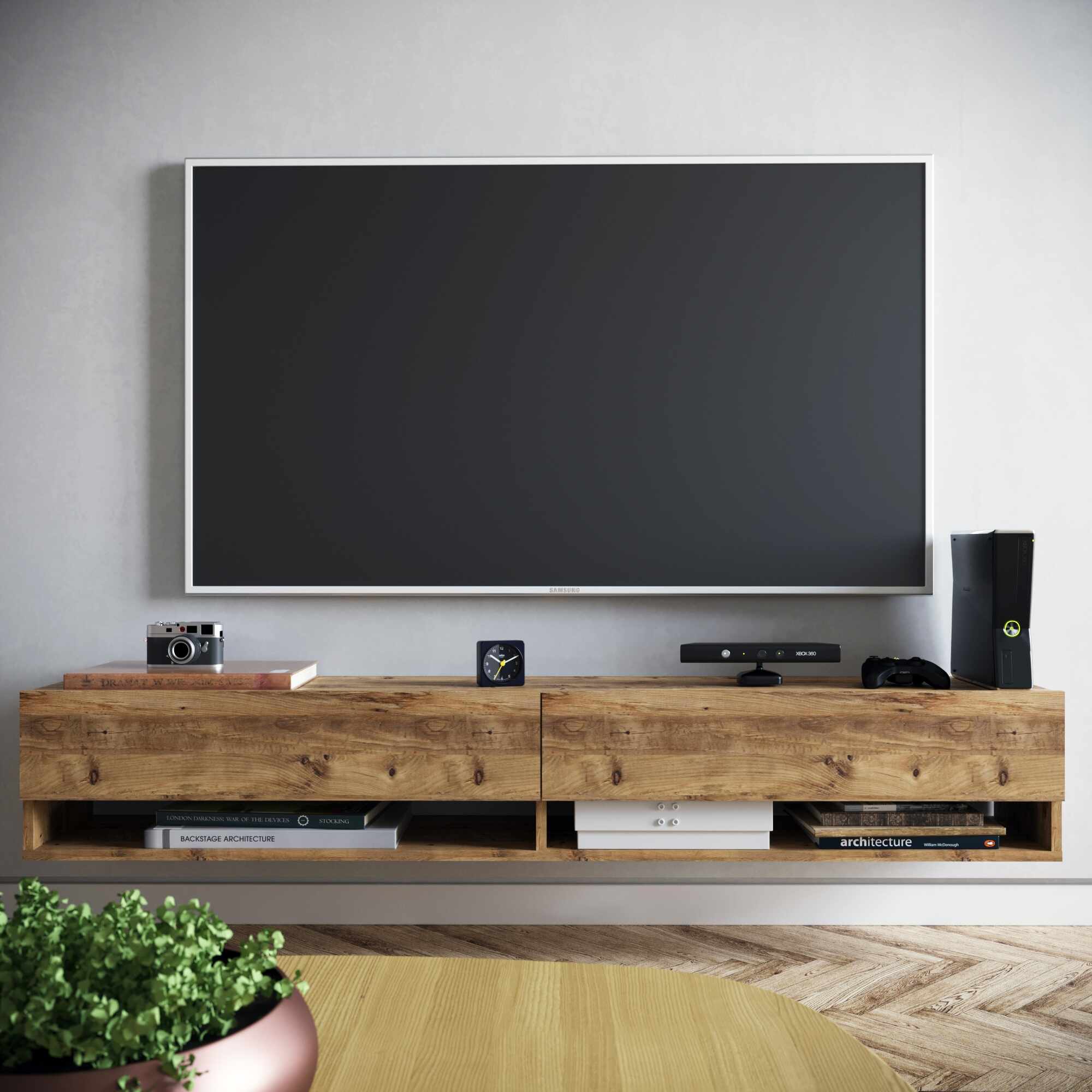 Comoda TV suspendata din pal, cu 2 usi, Future FR9-A Large Natural, l180xA31,6xH29,1 cm