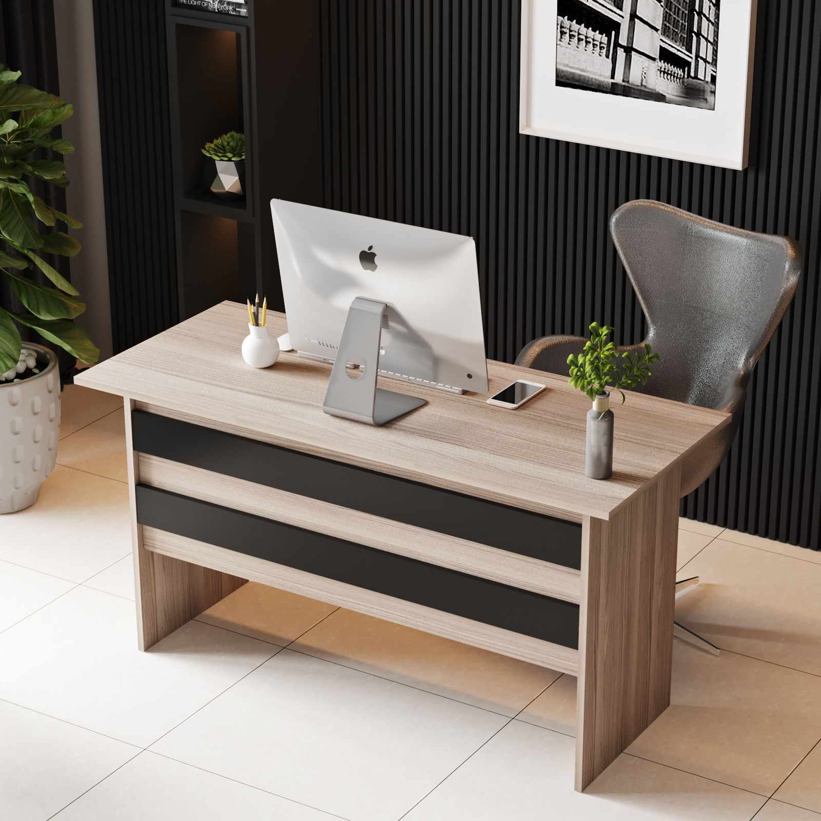 Masa de birou din pal Vario Negru / Stejar, L140xl60xH73,8 cm