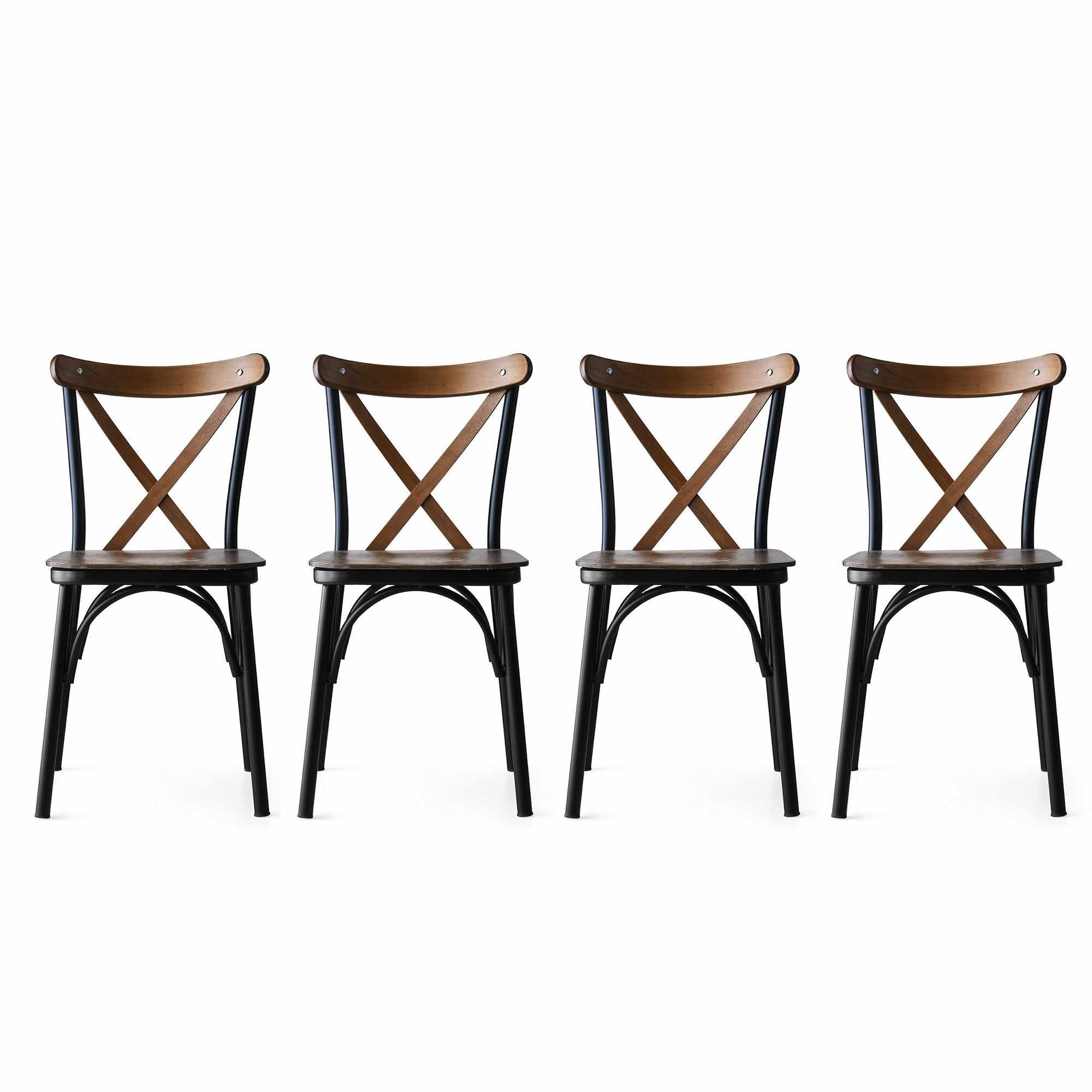 Set 4 scaune din metal si lemn, Ekol New 251 Nuc / Negru, l42xA41xH84 cm