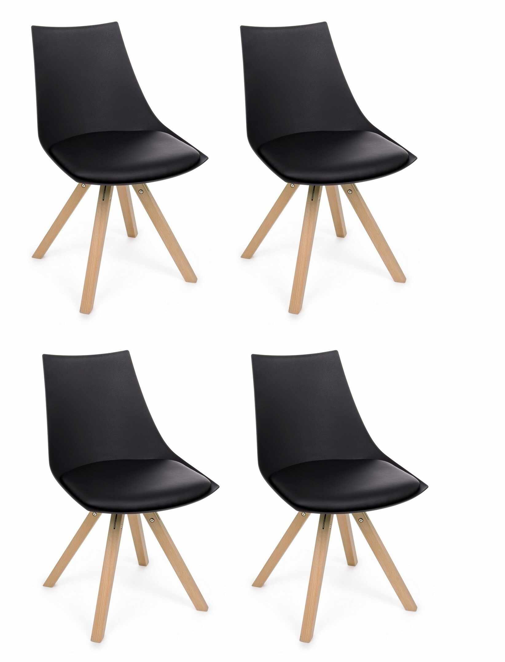 Set 4 scaune din plastic, sezut tapitat cu piele ecologica si picioare din lemn, Mayer Negru / Natural, l53xA47,5xH78,5 cm