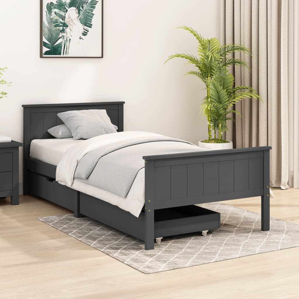 vidaXL Cadru pat cu 2 sertare, gri închis, 100x200 cm, lemn masiv pin