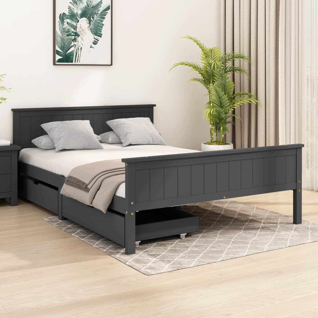 vidaXL Cadru pat cu 2 sertare, gri închis, 140x200 cm, lemn masiv pin