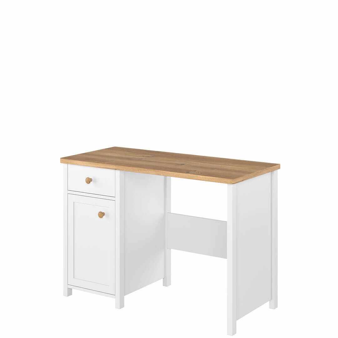 Masa de birou din pal, cu 1 sertar si 1 usa, pentru copii si tineret, Story 03 Alb / Stejar, L110xl52xH76 cm