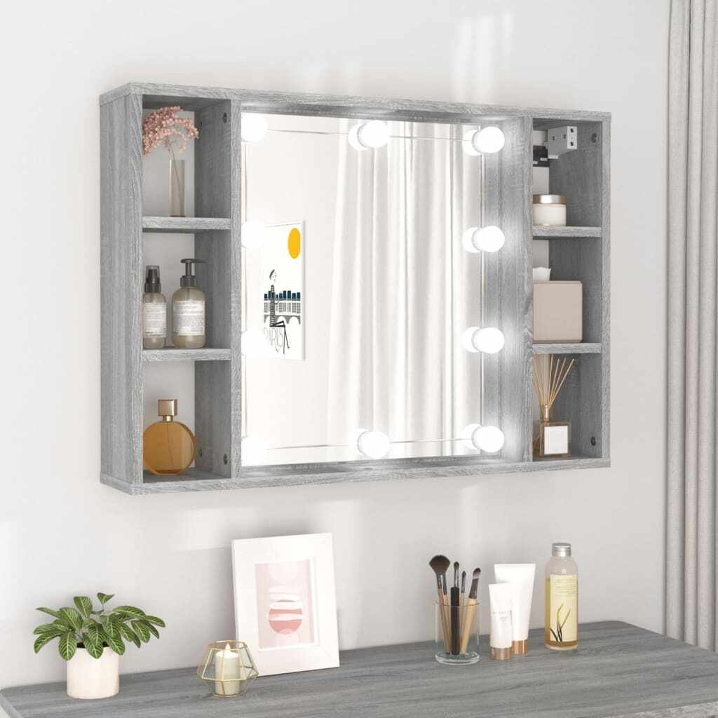 vidaXL Dulap cu oglindă și LED, gri sonoma, 76x15x55 cm