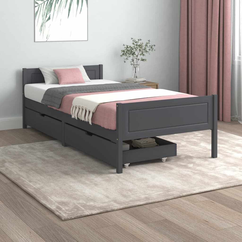 vidaXL Cadru pat cu 2 sertare, gri închis, 100x200 cm, lemn masiv pin