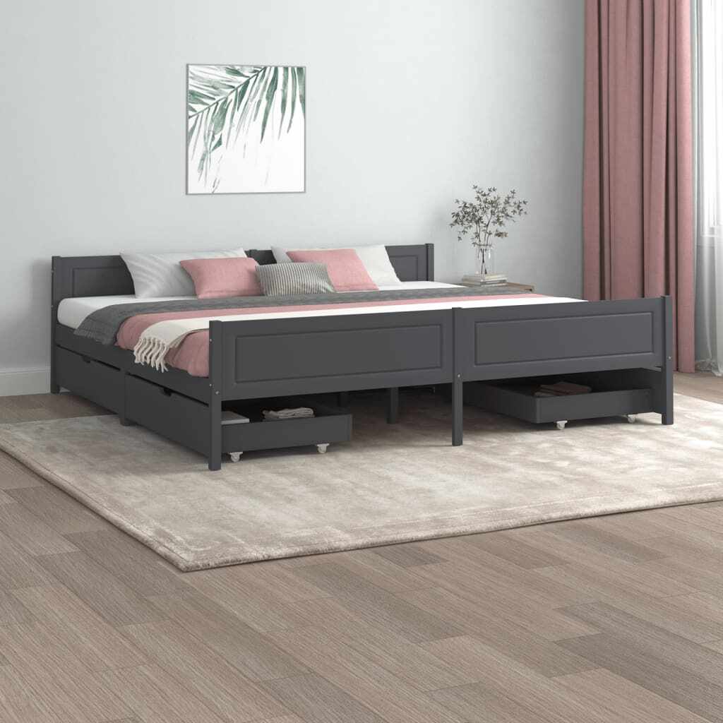 vidaXL Cadru pat cu 4 sertare, gri închis, 200x200 cm, lemn masiv pin
