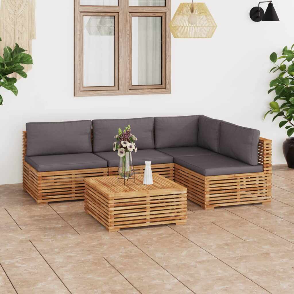 vidaXL Set mobilier grădină cu perne gri închis 5 piese lemn masiv tec