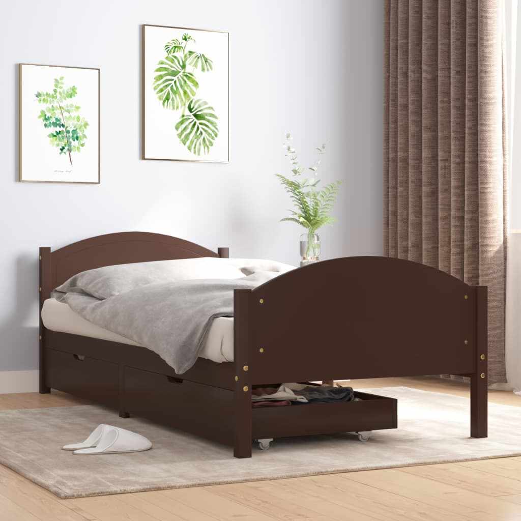 vidaXL Cadru pat cu 2 sertare, maro închis, 100x200 cm, lemn masiv pin