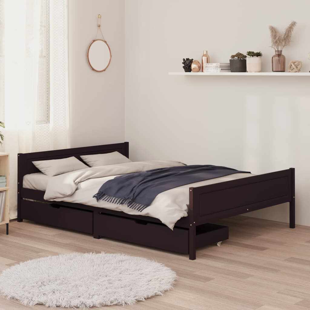 vidaXL Cadru pat cu 2 sertare, maro închis, 140x200 cm, lemn masiv pin