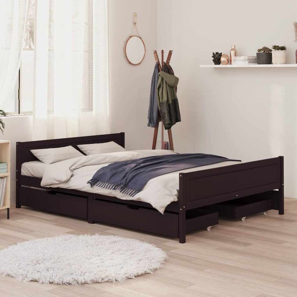 vidaXL Cadru pat cu 4 sertare, maro închis, 140x200 cm, lemn masiv pin