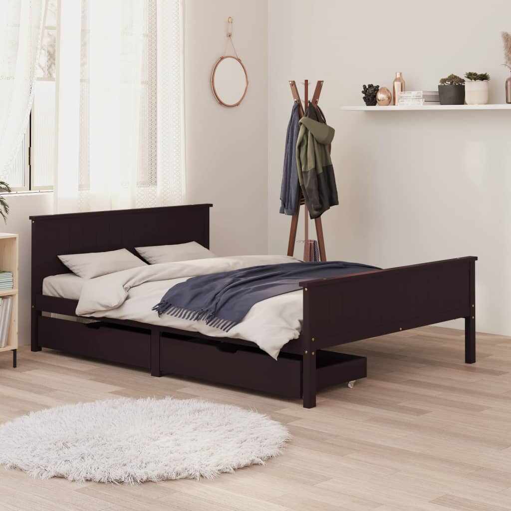 vidaXL Cadru pat cu 2 sertare, maro închis, 160x200 cm, lemn masiv pin