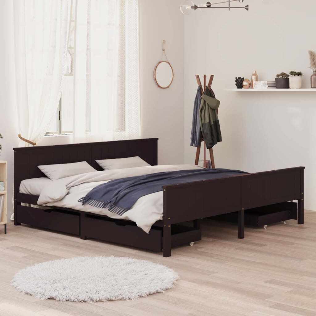 vidaXL Cadru pat cu 4 sertare, maro închis, 200x200 cm, lemn masiv pin