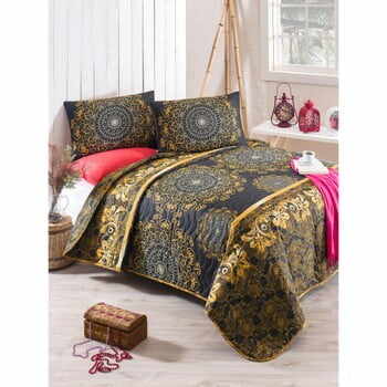Set cuvertură pat și față de pernă din amestec de bumbac Sehri Ala Gold, 160 x 220 cm
