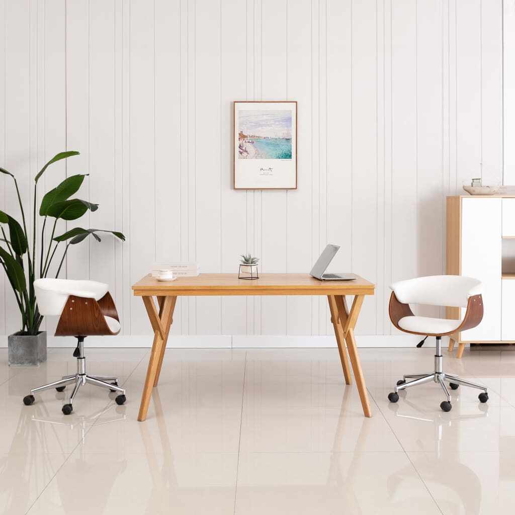 vidaXL Scaun de birou pivotant, alb, lemn curbat și piele ecologică