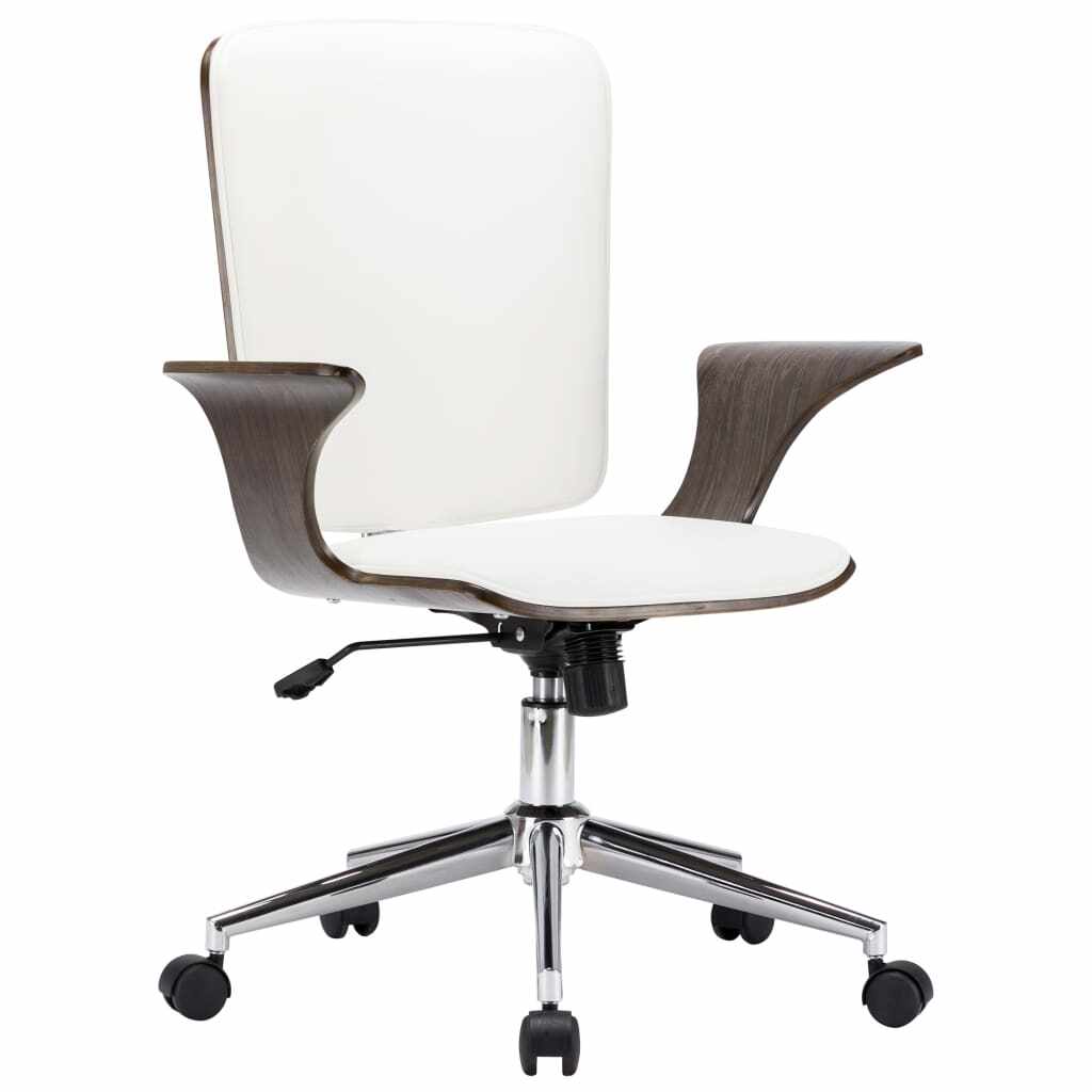 vidaXL Scaun de birou rotativ, alb, piele ecologică și lemn curbat