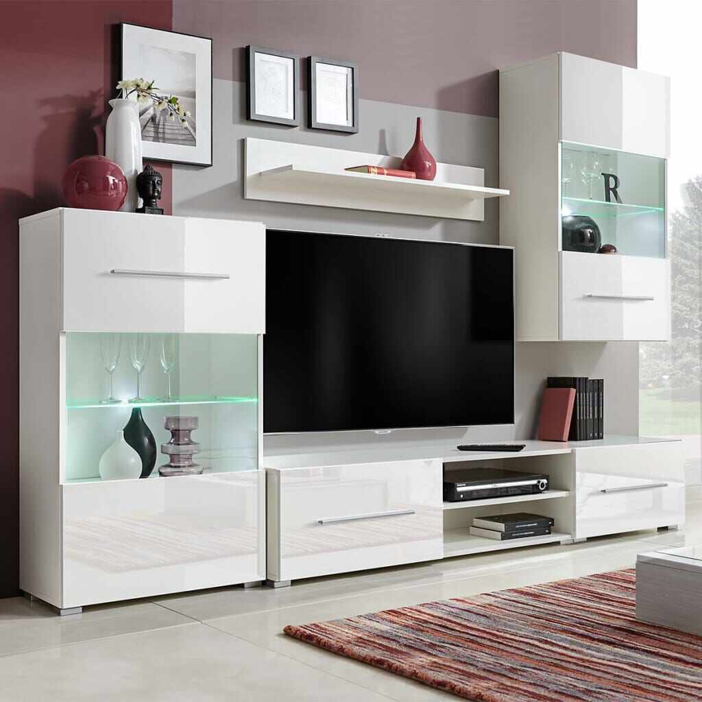 vidaXL Set mobilier comodă TV de perete, 5 piese, iluminare LED, alb