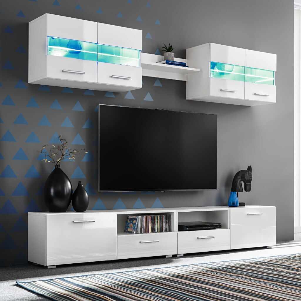 vidaXL Set comodă TV de perete, 5 piese, lumini LED, alb lucios