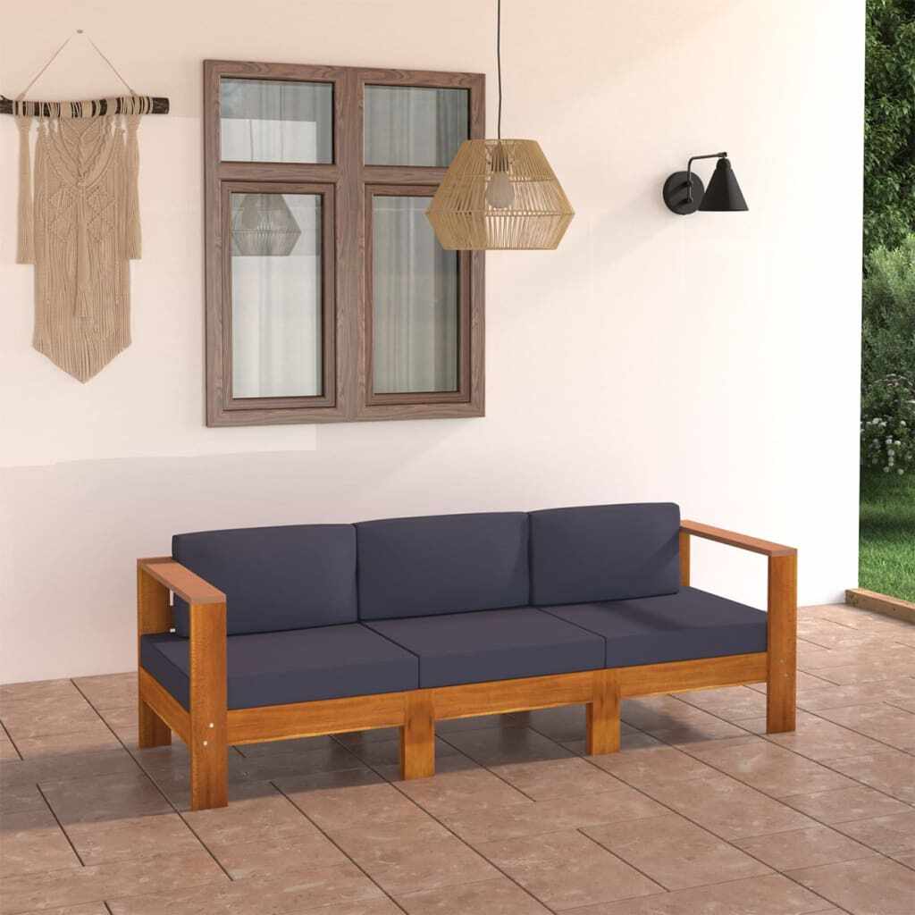 vidaXL Canapea de grădină cu perne gri închis, 3 locuri, lemn acacia